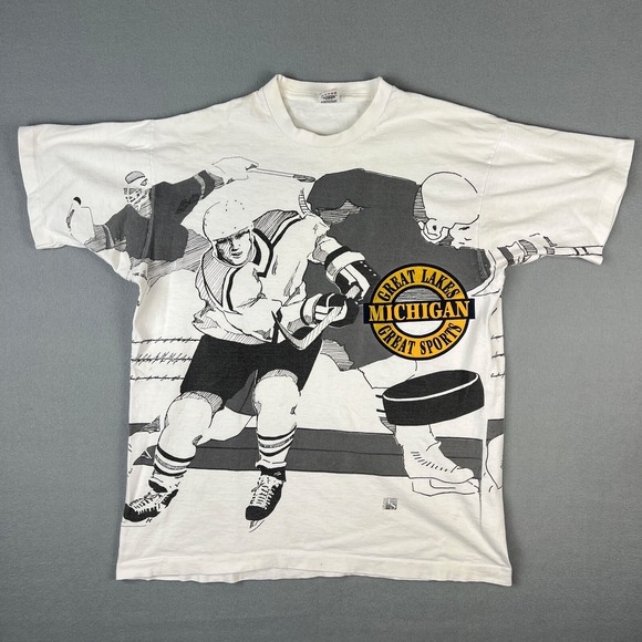 VTG Michigan Hockey T‎ Shirt Fits Large AOP Wolverines Great Lakes Made in USA